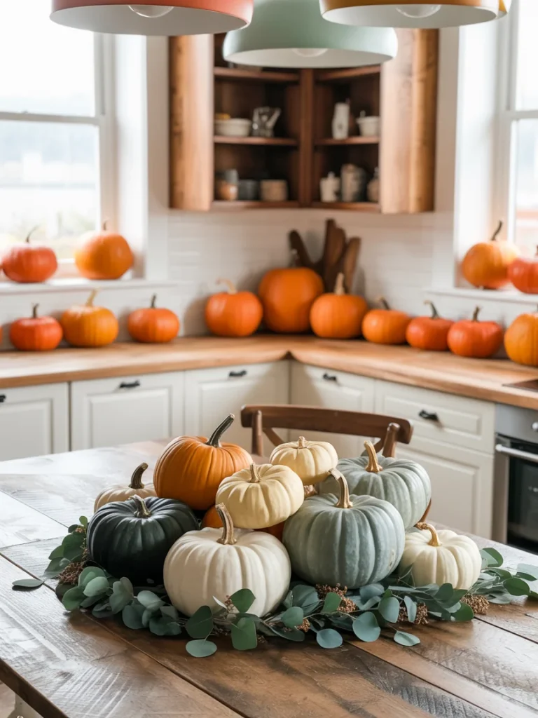Farmhouse kitchen with a wooden table centerpiece of pumpkins in white, orange, green, and gray surrounded by greenery, with more pumpkins displayed on the counters.