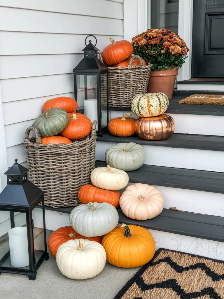 Front porch decorated with pumpkins in various colors and sizes, wicker baskets, lanterns, and fall mums.