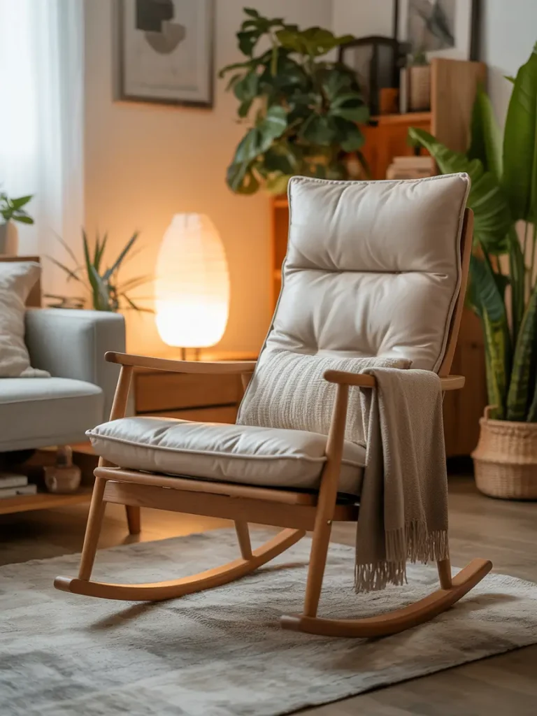 Modern wooden rocking chair with cushioned seat and backrest, placed in a cozy living room with soft lighting, plants, and neutral decor.