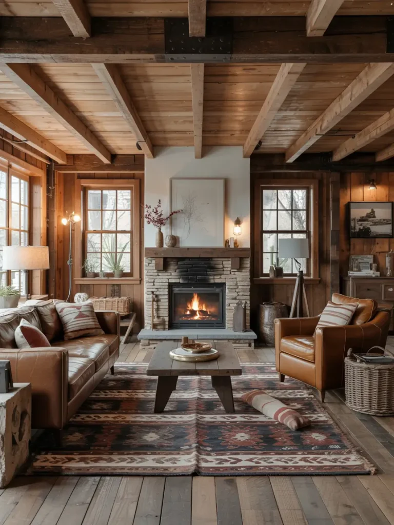Rustic basement design with exposed wood beams, leather seating, stone fireplace, and patterned rug creating a warm and cozy atmosphere.