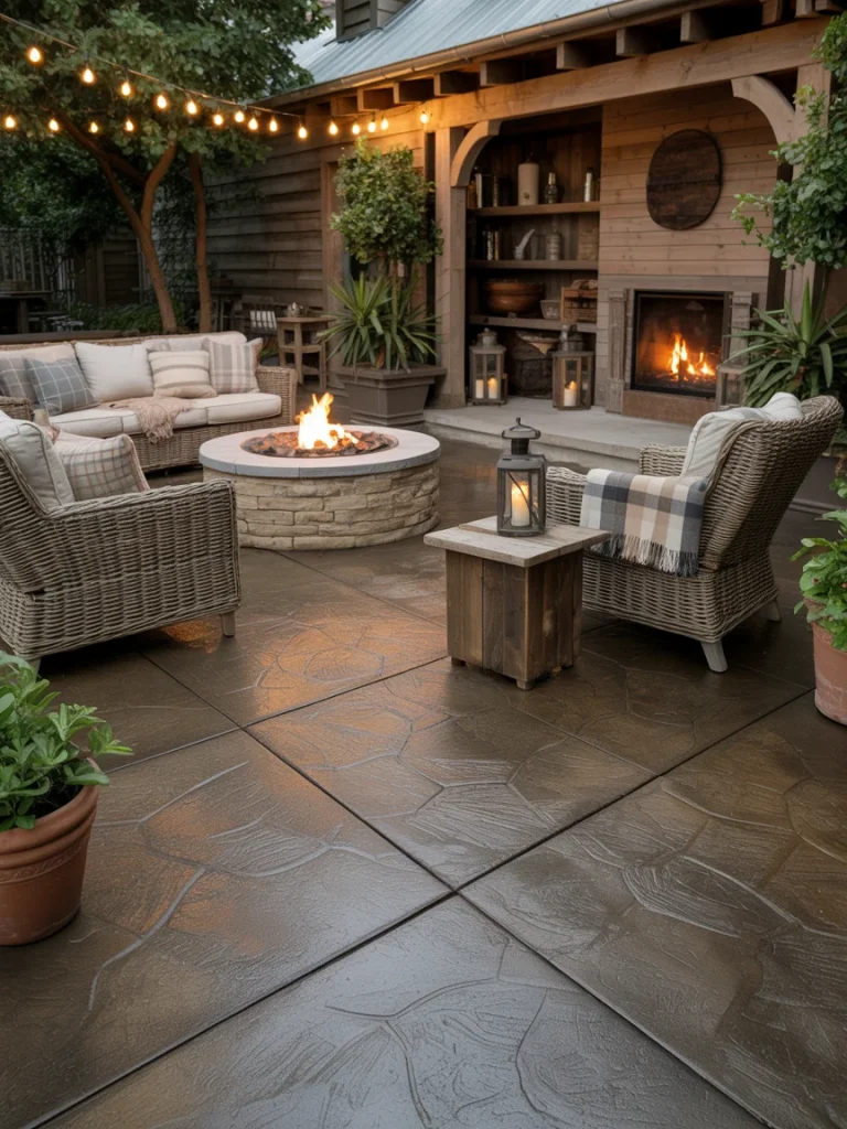 Rustic concrete patio with wicker furniture, fire pit, and cozy outdoor fireplace.