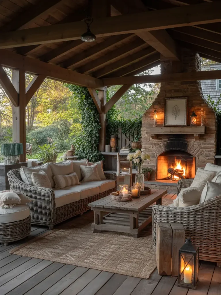 Rustic covered patio with wicker seating, stone fireplace, and cozy candlelit decor.