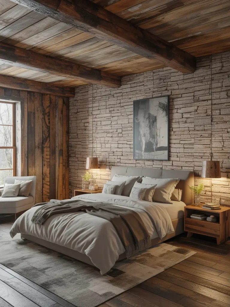 Rustic earthy bedroom with a wooden ceiling, stone accent wall, cozy neutral bedding, and warm lighting for a natural retreat.