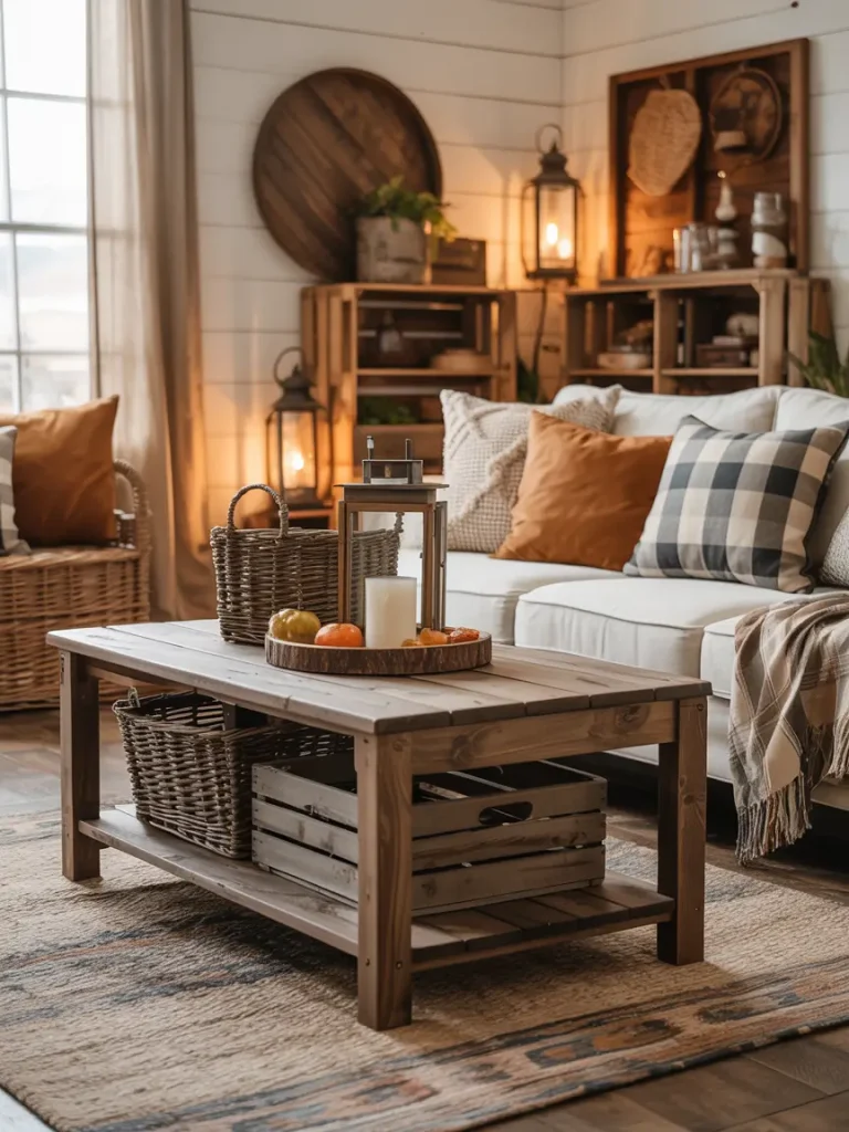 Rustic fall living room with farmhouse-inspired decor, wooden coffee table, plaid throw, and cozy autumn accents.