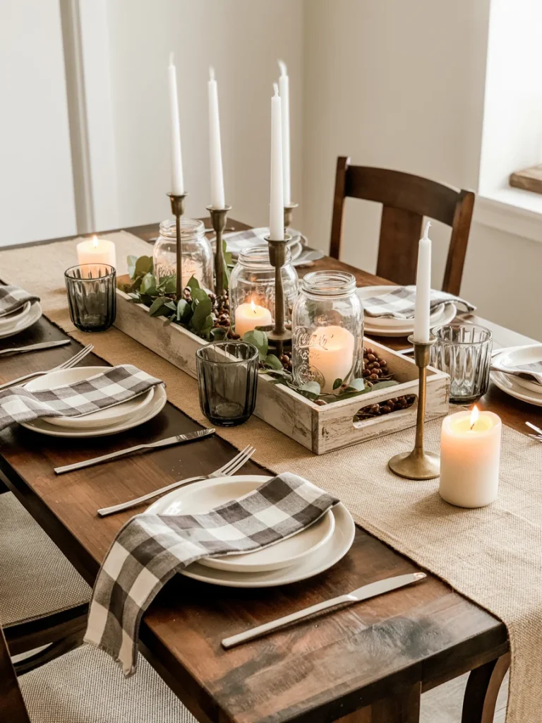 Rustic farmhouse fall dining table with candles, mason jars, and plaid napkins.