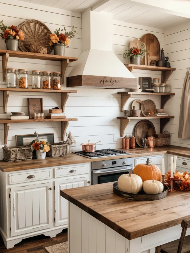 Rustic farmhouse kitchen with white cabinets, wood countertops, open shelving, and fall decor featuring pumpkins and floral accents.