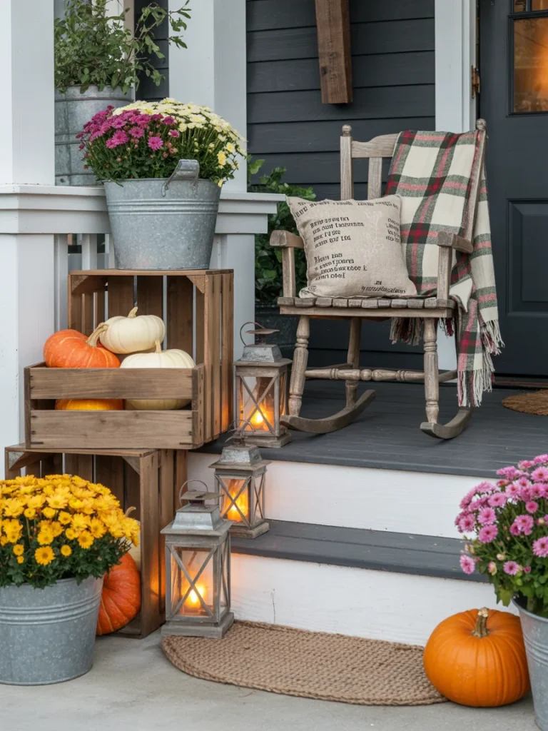 Rustic farmhouse front porch decorated with pumpkins, mums in galvanized buckets, wooden crates, lanterns with candles, and a rocking chair draped with a plaid blanket.