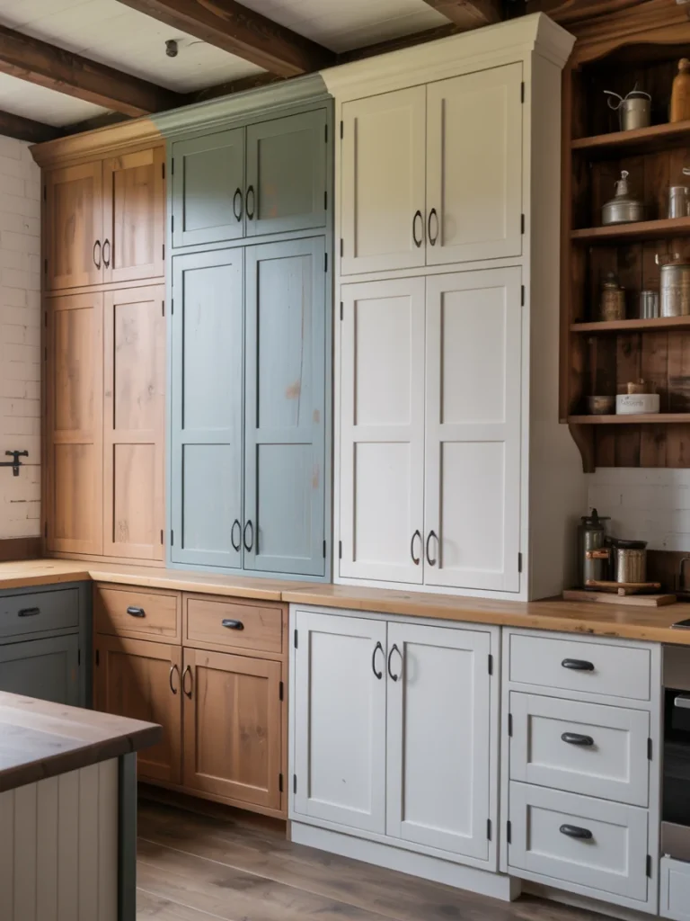 Rustic farmhouse kitchen with mixed wood and painted cabinets in natural, blue, and white tones.