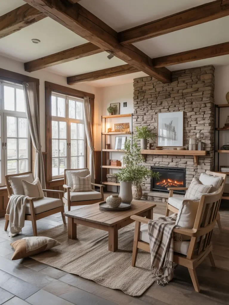 Rustic farmhouse living room with four wooden armchairs around a square coffee table, stone fireplace, and exposed wooden beams.