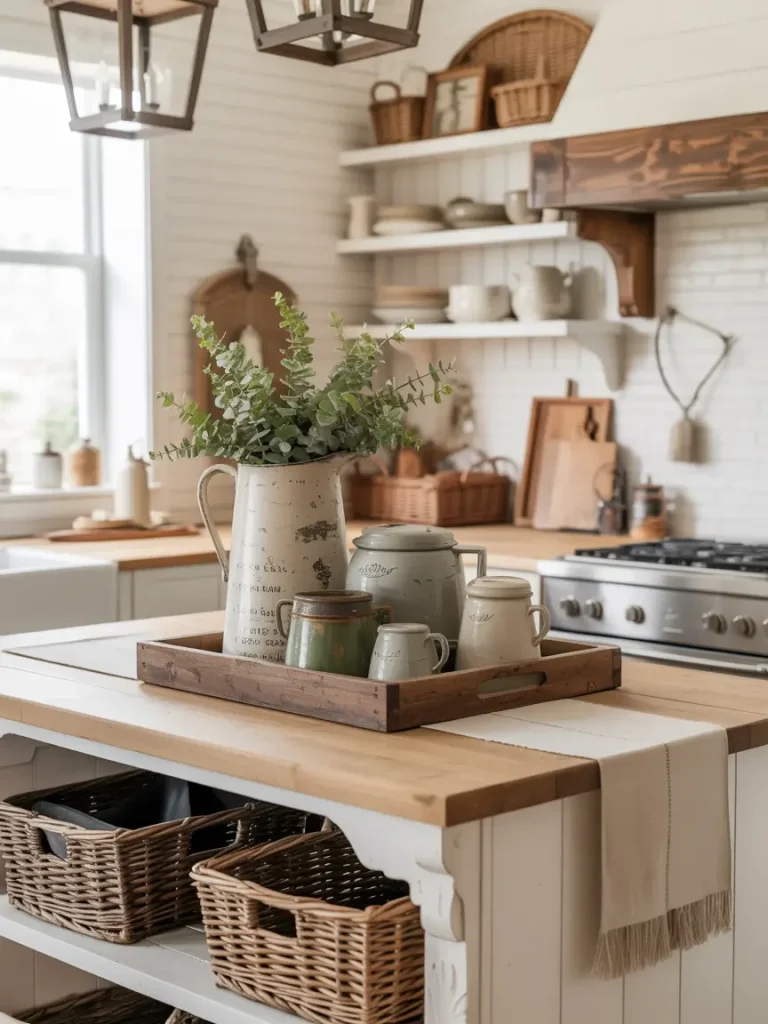 Rustic kitchen island decorated with vintage pitchers, mugs, and woven baskets.