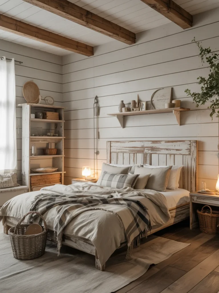 Rustic Scandinavian bedroom with weathered wood furniture, plaid textiles, and cozy neutral decor.