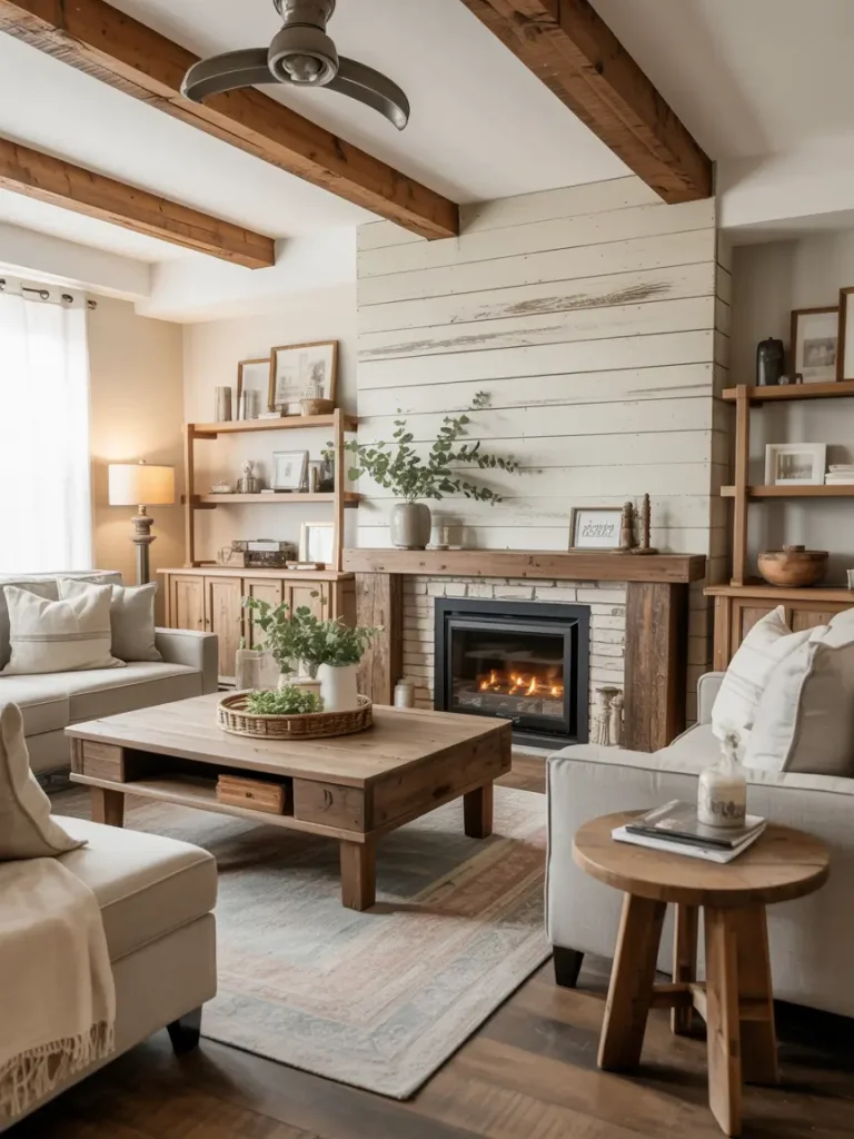 Rustic farmhouse living room with wood ceiling beams, shiplap fireplace, and cozy neutral furniture.