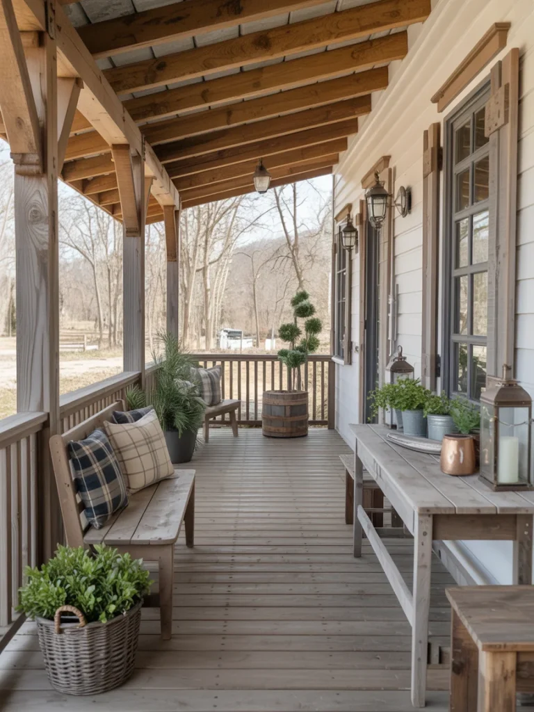 Rustic farmhouse porch with wooden benches, plaid pillows, and natural wood accents.