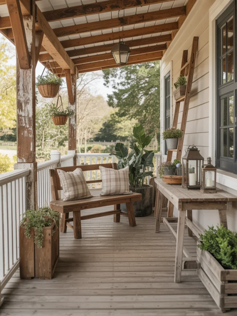 Farmhouse porch with rustic wooden bench, ladder shelf, and potted greenery.