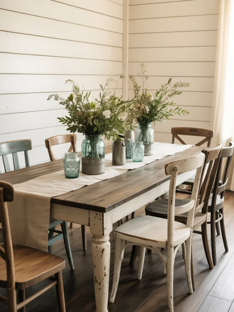 Rustic farmhouse dining room with distressed wooden table, mismatched chairs, and wildflower centerpieces.