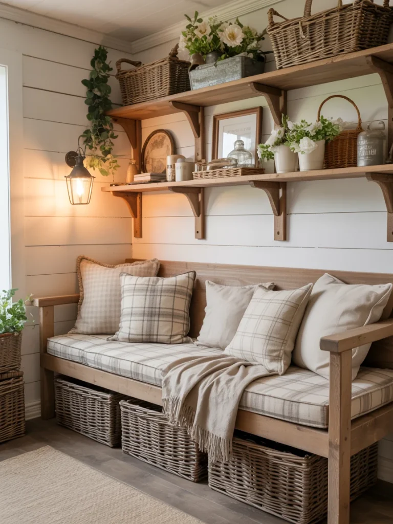 Rustic farmhouse living room nook with wooden bench, plaid cushions, woven baskets, and decorative shelves.