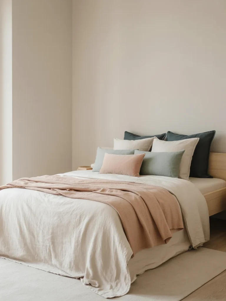 Scandinavian bedroom with neutral tones, blush accents, and layered pillows creating a calm and balanced color palette.