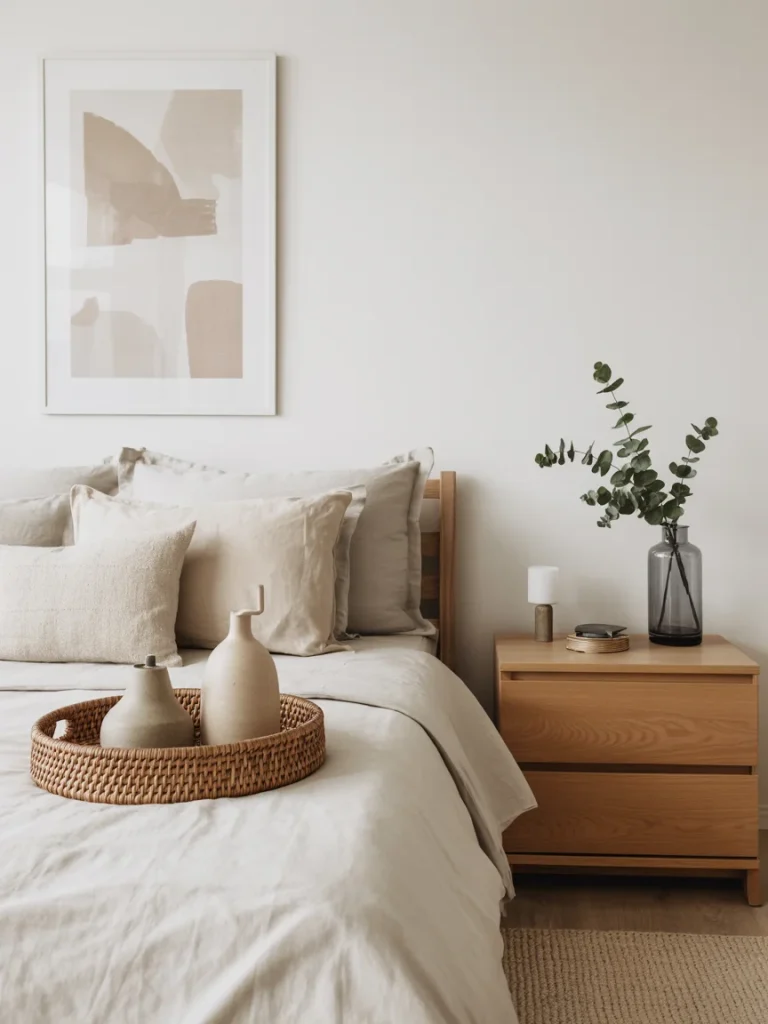 Scandinavian bedroom with neutral bedding, wooden furniture, and minimalist accessories in natural tones.