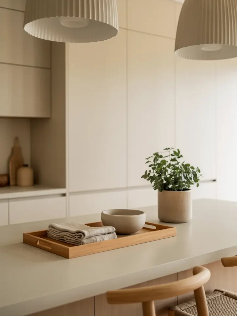 Scandinavian kitchen island with minimalist decor including a wooden tray, folded linens, and a small potted plant.
