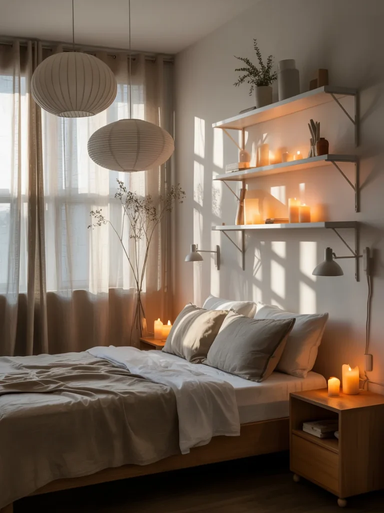 Scandinavian bedroom with layered lighting from pendant lamps and glowing candles.