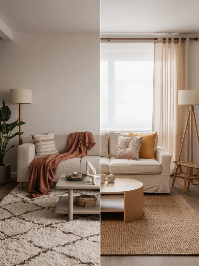 Split-screen living room showcasing seasonal carpet swaps—on the left, a plush patterned rug with warm tones and cozy textures, and on the right, a natural jute rug with light, airy accents.