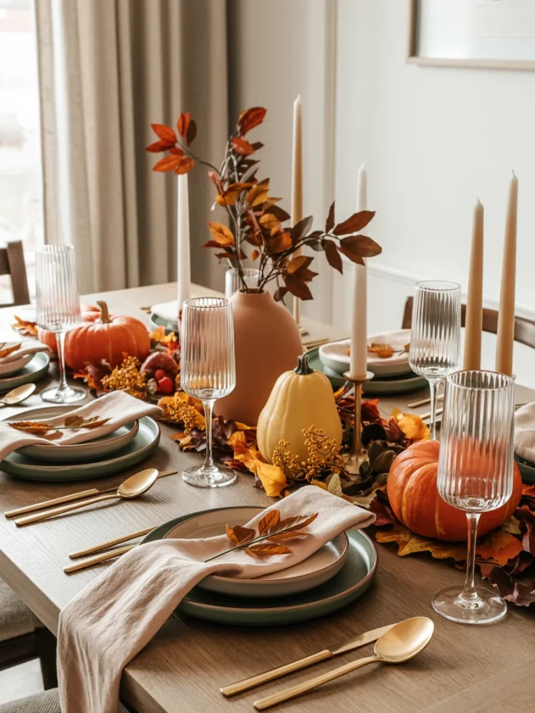 Fall dining table with pumpkins, candles, and warm autumn colors in seasonal centerpiece.