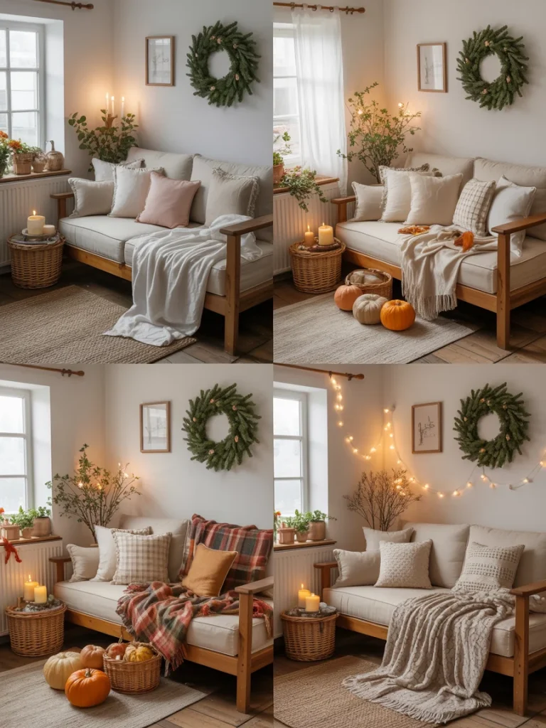 Cozy cottagecore living room styled for each season with neutral furniture, soft blankets, wreaths, pumpkins, and warm lighting.