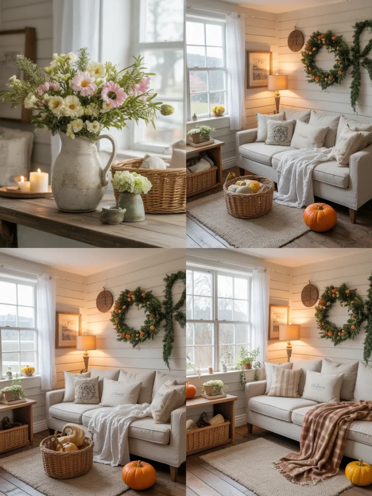 Seasonal country cottage living room with floral arrangements, wreaths, pumpkins, and cozy textiles.