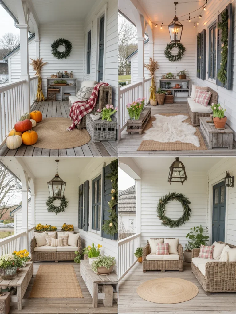 Seasonal farmhouse porch with wicker seating, wreaths, pumpkins, flowers, and cozy décor.