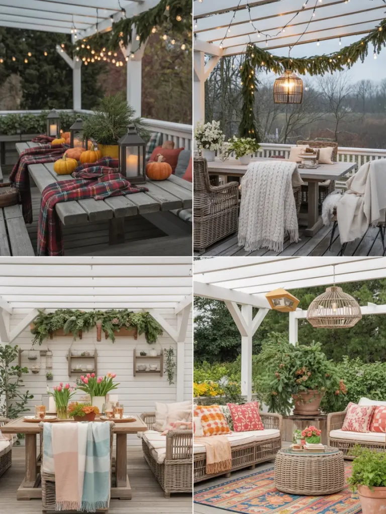 Seasonal covered patio decor with string lights, cozy blankets, flowers, and festive accents.