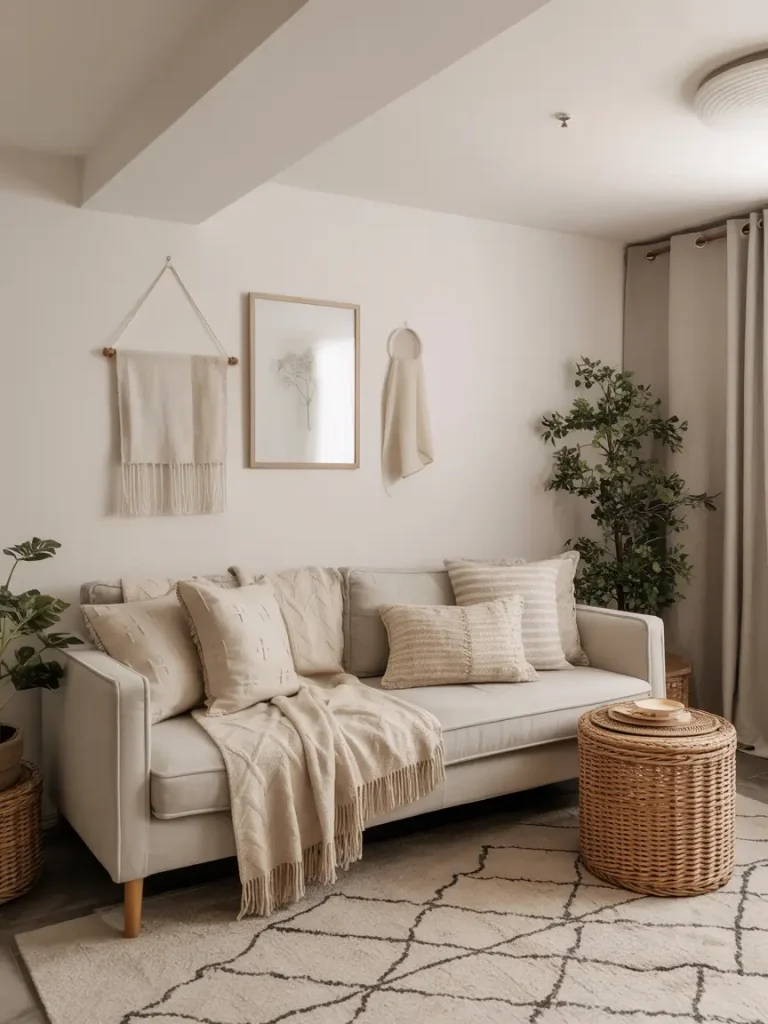 Cozy basement decorated with neutral tones, soft textiles, and seasonal accents including woven baskets, layered throw pillows, and wall art.