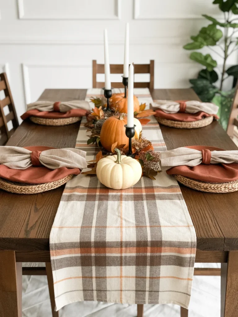 Fall dining room table with plaid runner, pumpkins, candles, and neutral linens for seasonal decor.