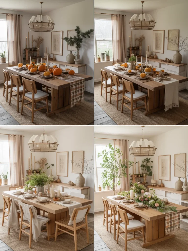 Seasonal earthy dining room styling with natural wood table, rustic décor, and changing seasonal accents.
