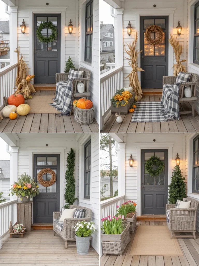 Seasonal farmhouse front porch styling with pumpkins, wreaths, flowers, and cozy seating.