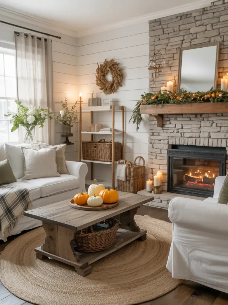 Seasonal farmhouse living room with stone fireplace, pumpkins, and cozy autumn decor.