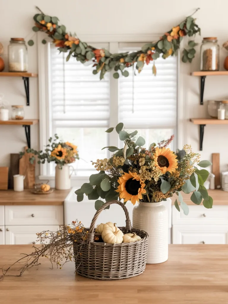 Fall kitchen decorated with a sunflower floral arrangement, eucalyptus greenery garland, and a basket of mini pumpkins.