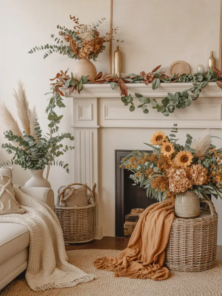 Neutral-toned fall living room with seasonal greenery, sunflowers, eucalyptus, and cozy woven textures.
