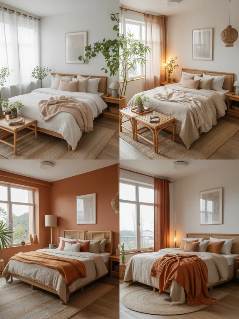 Seasonal Japanese Boho bedroom decor with cozy neutral bedding, natural textures, and warm earth tones that change beautifully across spring, summer, fall, and winter.