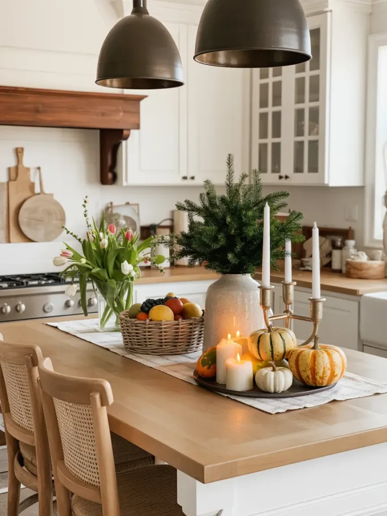 Seasonal kitchen island decor with pumpkins, candles, flowers, and a fruit basket.