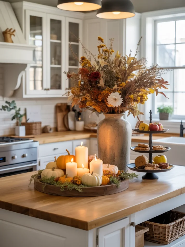 Fall kitchen island decorated with candles, pumpkins, and a vase of autumn flowers for seasonal styling.