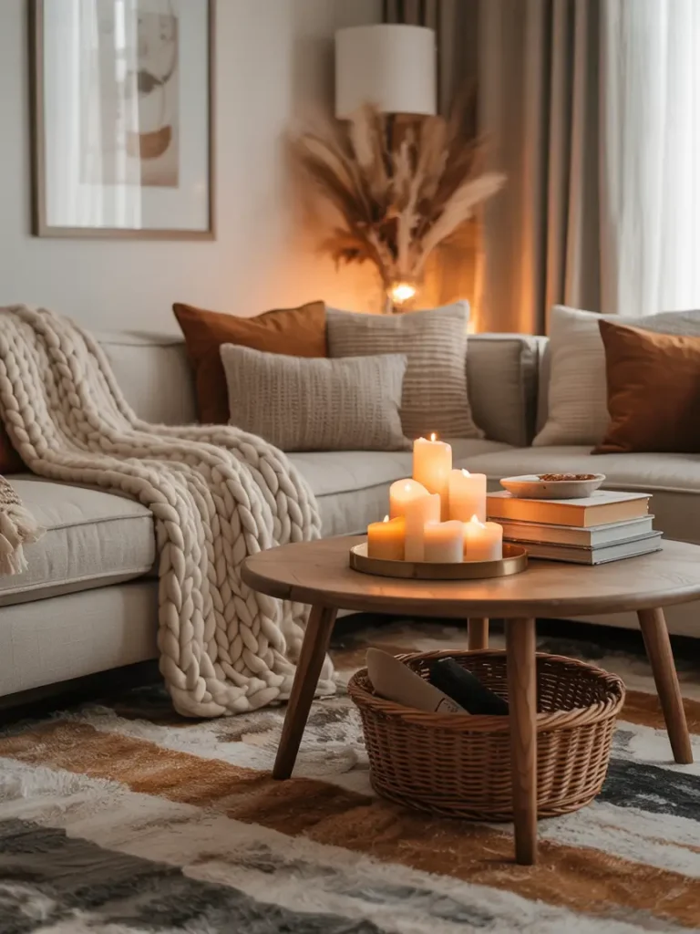 Cozy living room decorated for fall with a neutral sofa, chunky knit blanket, warm-toned pillows, and layered candles on a round wooden coffee table.