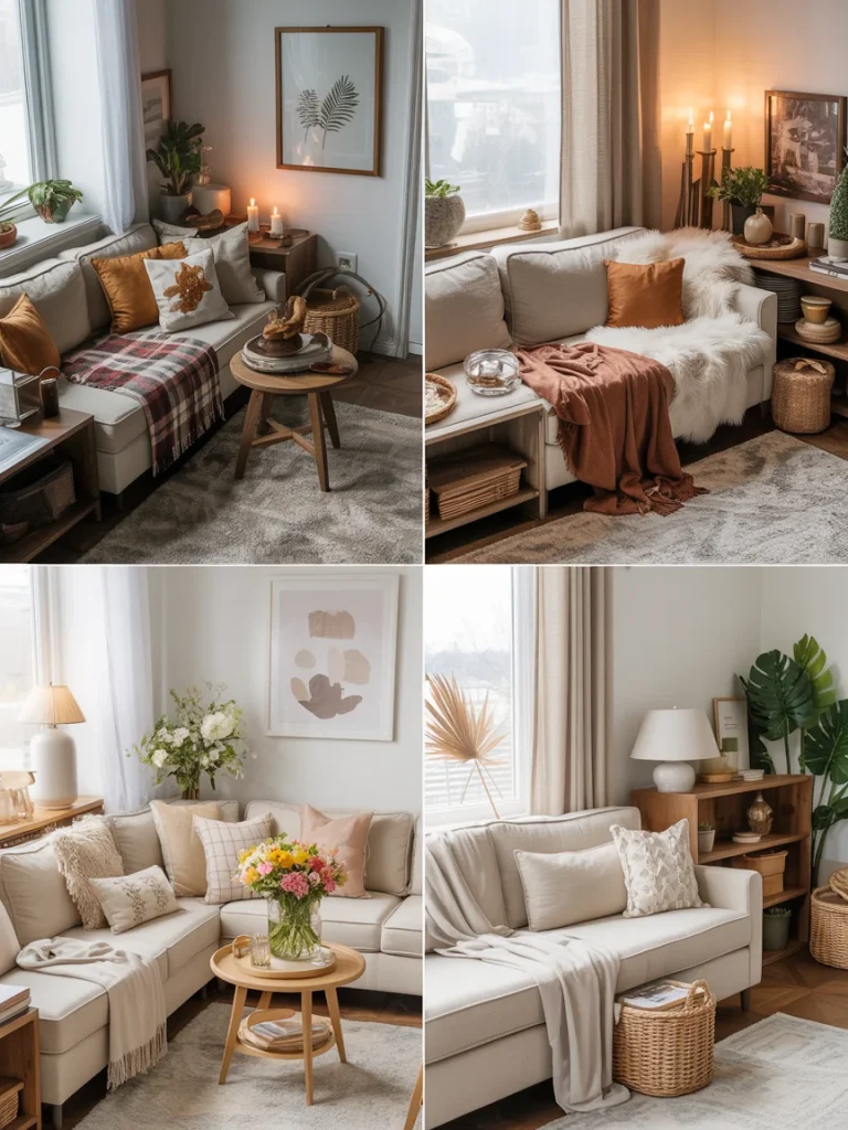 Seasonal living room nook styling with cozy throws, candles, florals, and decorative accents changing through fall, winter, spring, and summer.