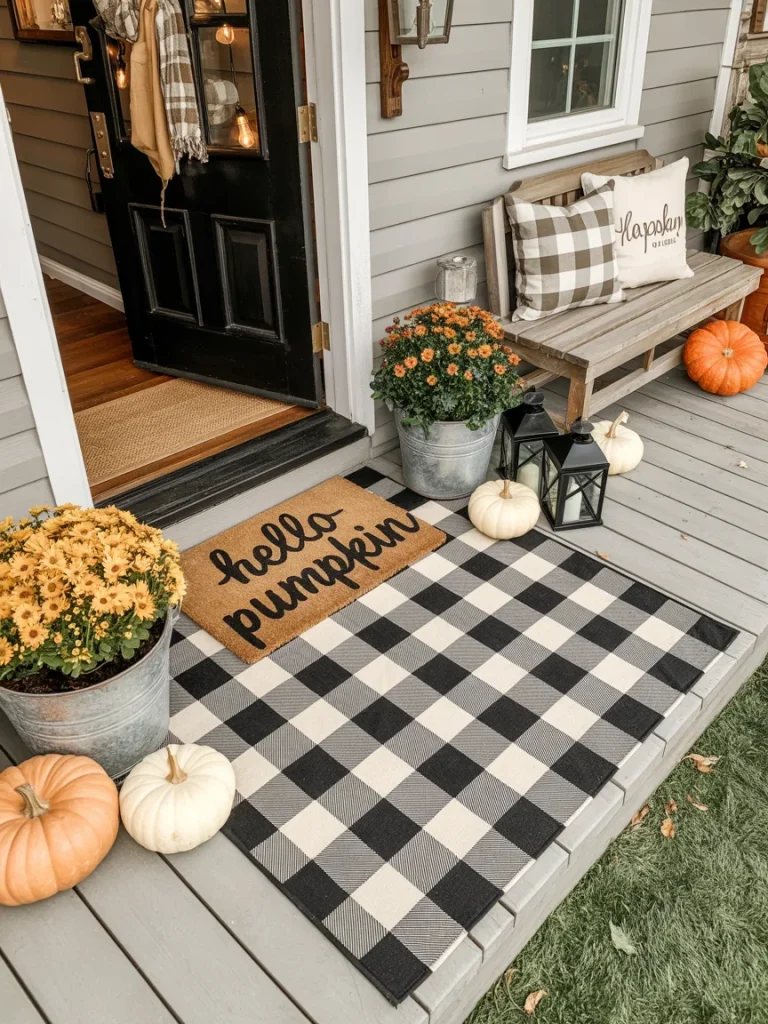 Fall front porch decorated with a “hello pumpkin” doormat layered over a black-and-white checkered rug, surrounded by mums, pumpkins, and lanterns.