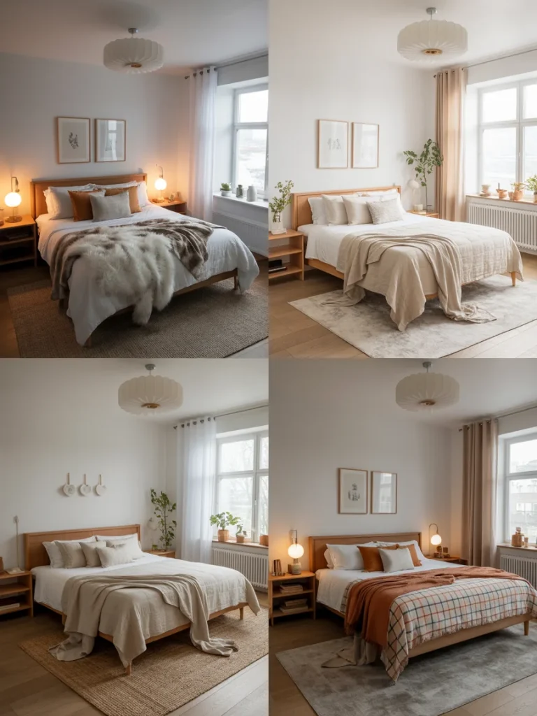 Seasonal Scandinavian bedroom styling with cozy bedding, layered textiles, and natural light in different seasonal setups.
