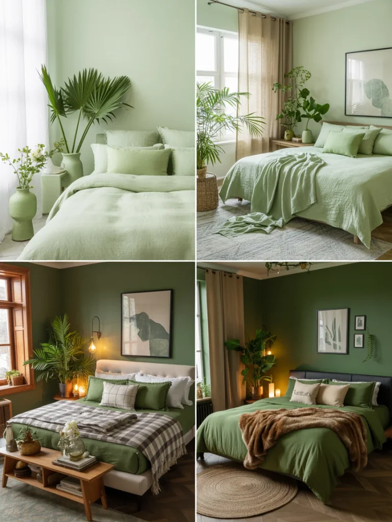 Green bedrooms styled for different seasons with layered bedding, plants, and cozy accents.