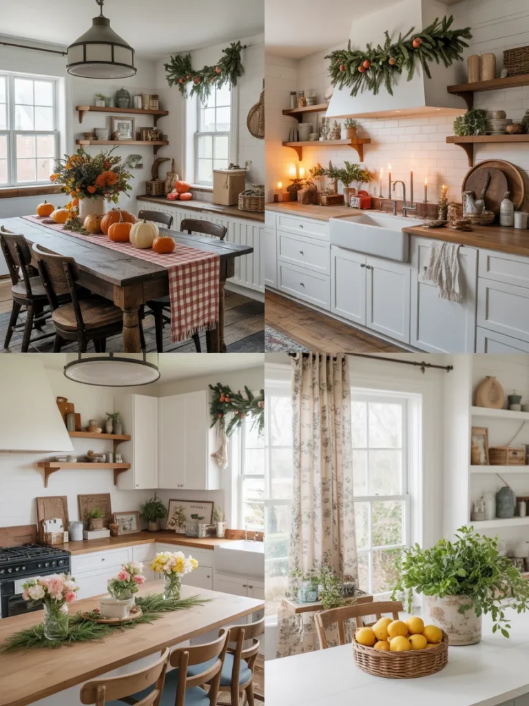 Seasonal farmhouse kitchen styling with rustic wood tables, fresh greenery, flowers, pumpkins, and festive garlands.