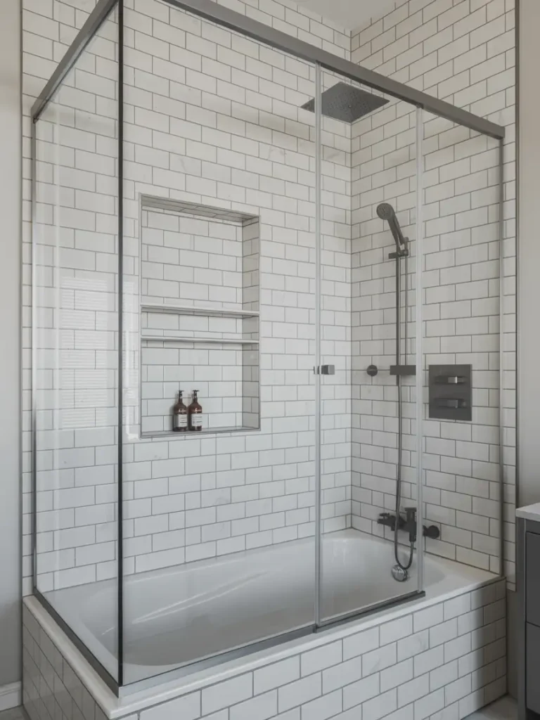 Modern shower and bathtub combo with glass enclosure, subway tile walls, and sleek fixtures.