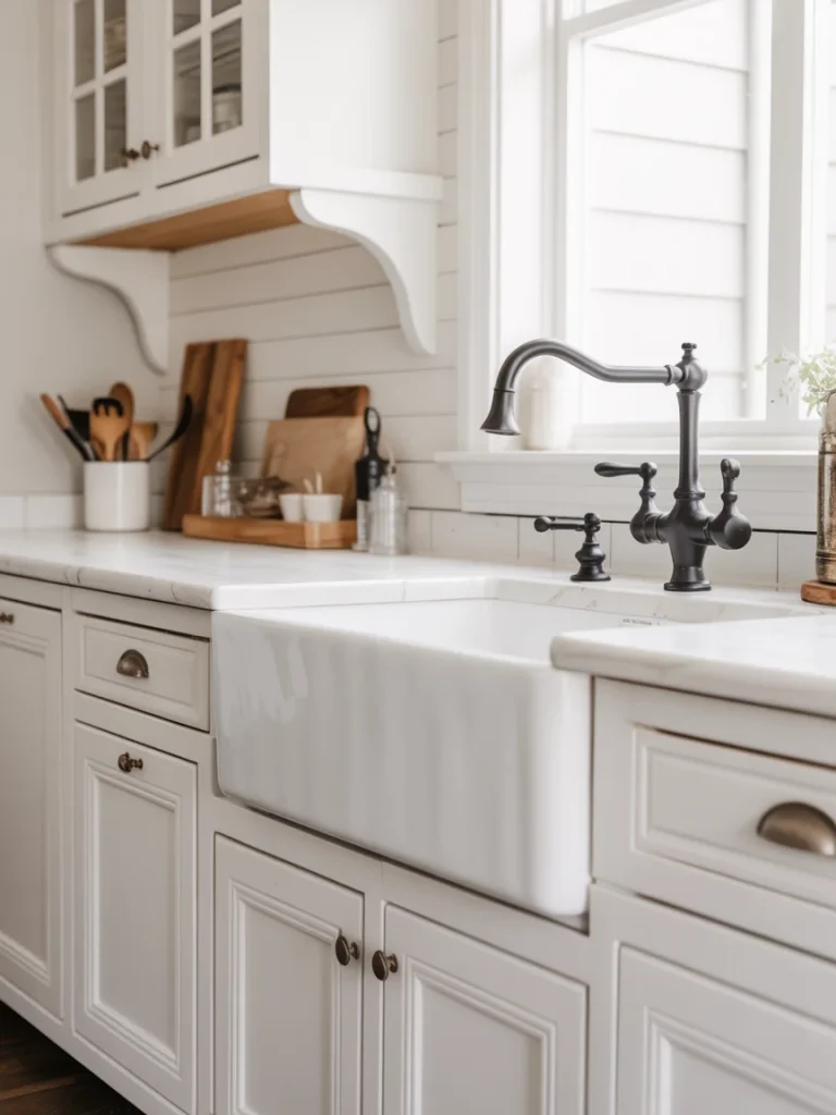 White farmhouse kitchen with apron-front sink and matte black faucet.