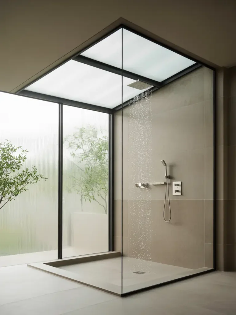 Modern skylight shower with glass enclosure and rainfall showerhead.