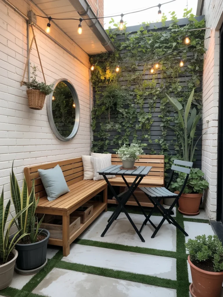 Small concrete patio with wooden bench, bistro table, and greenery accents.